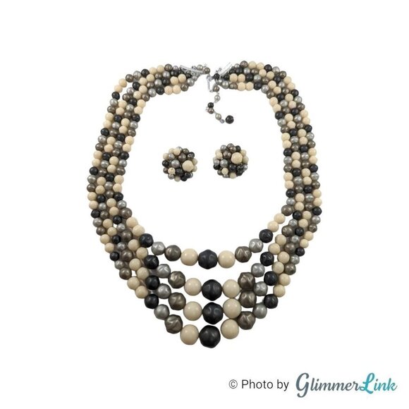 Vintage 50s Japan 4 Strand Gray & White Necklace Cluster Clip On Earrings - Picture 1 of 13